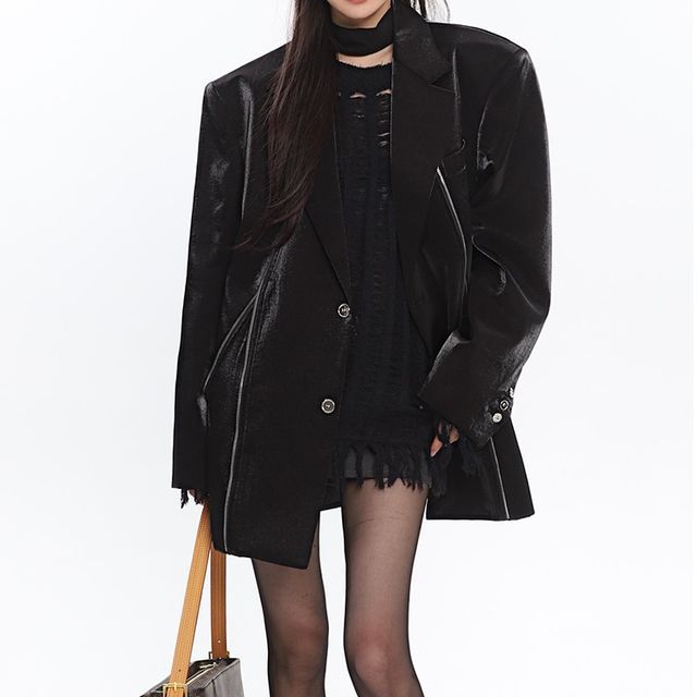 SPUCIKLEI-Lapel Collar Plain Single Breasted Oversized Blazer