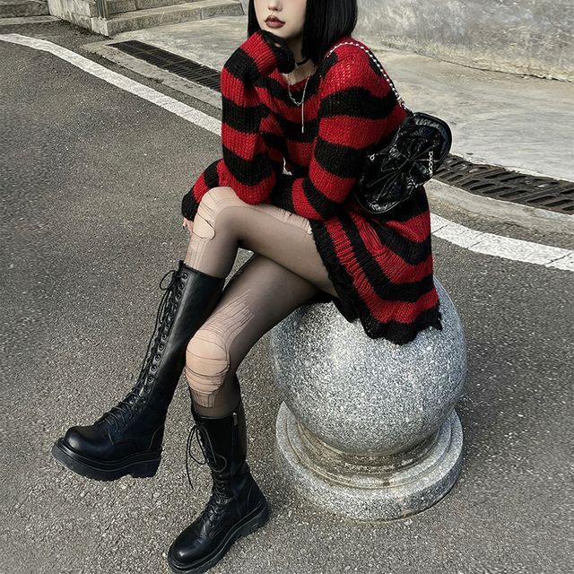 Bababy Slipdress Distressed Striped Sweater Grommet Belt