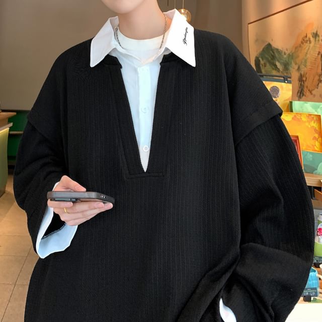 Drawouf-Mock Two-Piece Collared Two Tone Sweatshirt