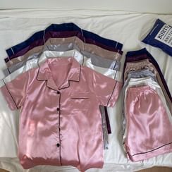 Bloombloom - Conjunto de pijama: camisa de seda de manga corta + pantalones cortos Bloombloom - Conjunto de pijama: camisa de seda de manga corta + pantalones cortos