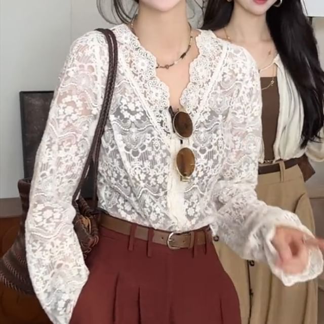 Essere-Long-Sleeve V-Neck See-Through Button-Up Lace Blouse