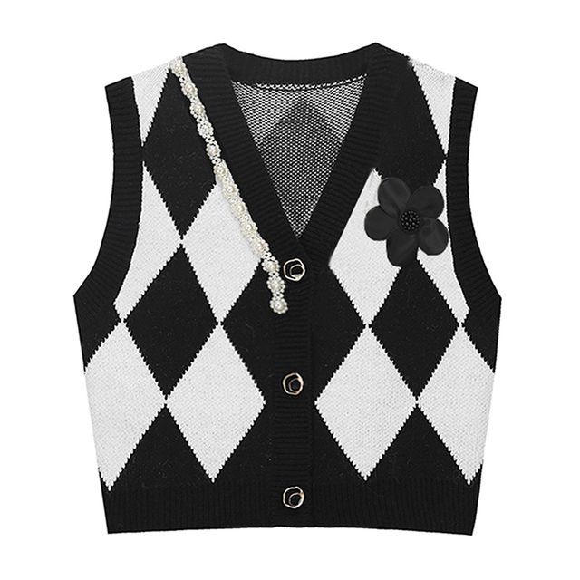 MISHI CLUB - Embellished Diamond Pattern Button-Up Sweater Vest