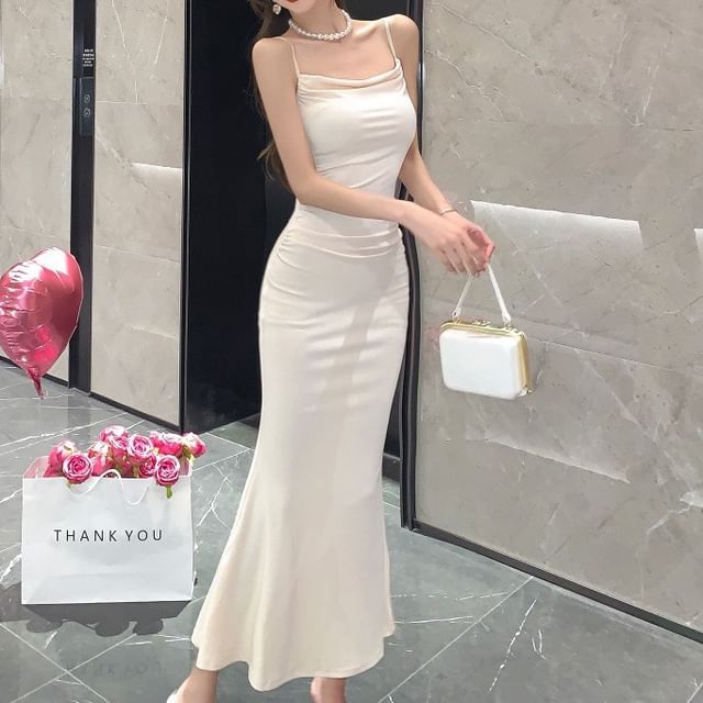 Yilda-Spaghetti Strap Cowl Neck Plain Midi Sheath Dress