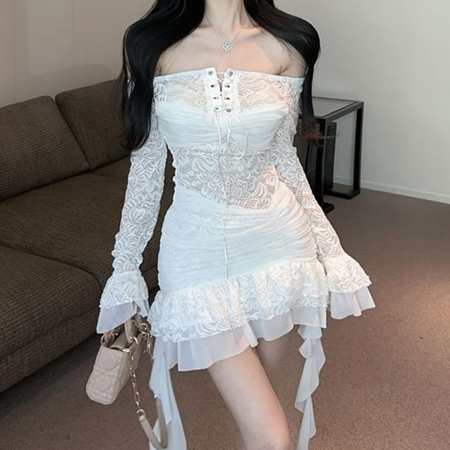 【yonchi】KUMA LACE VOLUME MINI DRESS Cream Floral Lace Off Shoulder Mini Dress | Nothingbutstyle