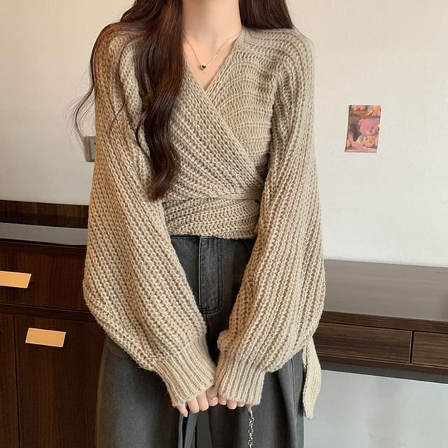 Sisyphi-V-Neck Plain Ribbed Cable Knit Cropped Sweater