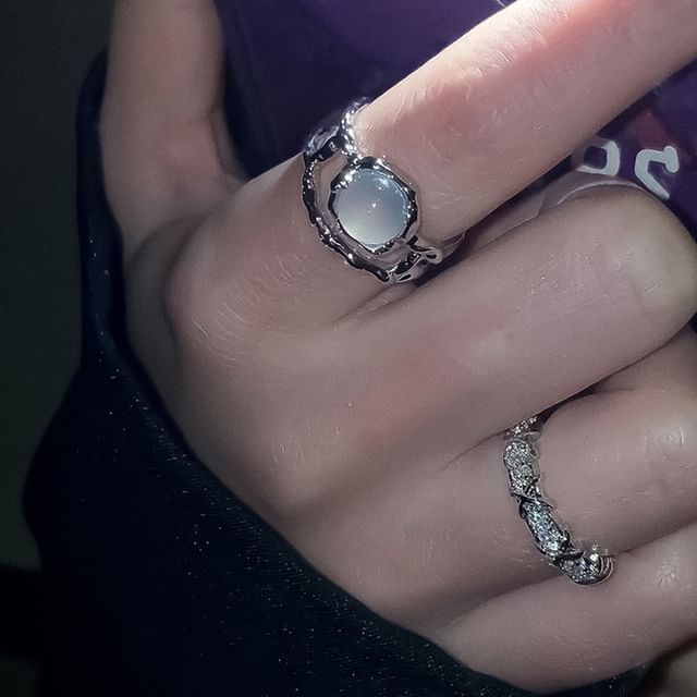 Hyeeun-Rhinestone Faux Moonstone Open Ring
