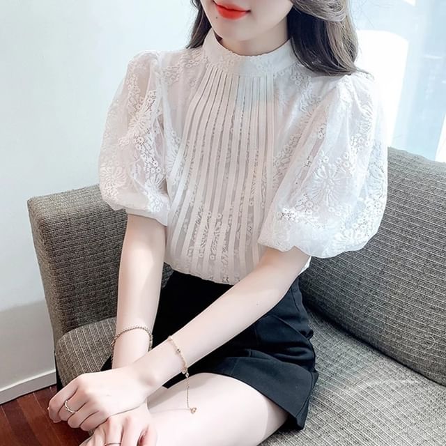 Dragan Pulse-Puff-Sleeve Stand Collar Lace Blouse