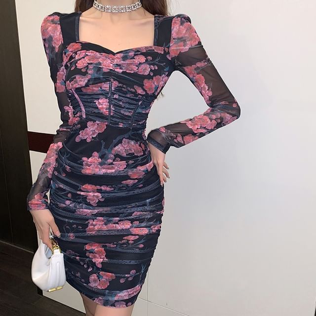 Maine - Long-Sleeve Sweetheart Neckline Floral Print Ruched Mesh Mini  Sheath Corset Dress | YesStyle