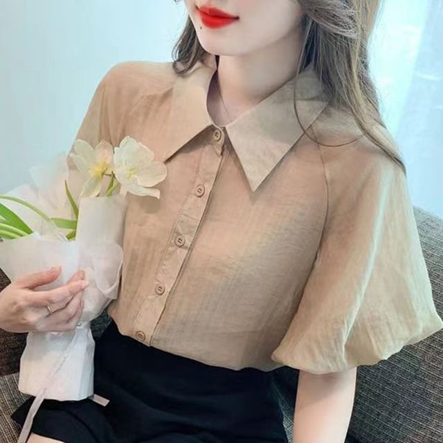 Everose-Puff-Sleeve Plain Shirt