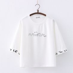 PANDAGO - Elbow-Sleeve Cat Print T-Shirt