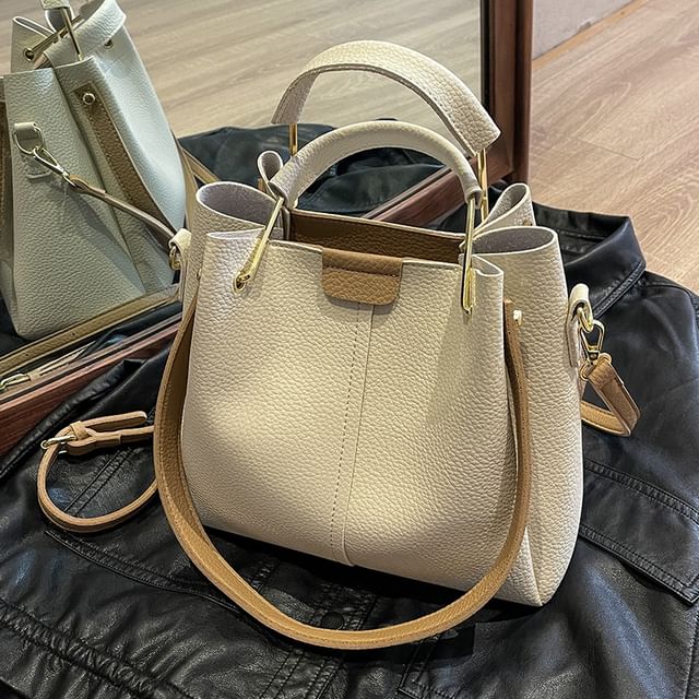 Mulgam-Faux Leather Plain Bucket Bag