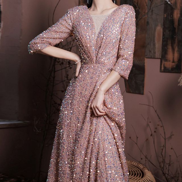 LEFFA - 3/4-Sleeve Sequined A-Line Evening Gown | YesStyle