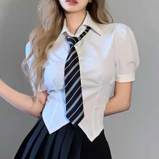 Trisica Short Long Sleeve Collared Plain Shirt with Neck Tie Various Designs