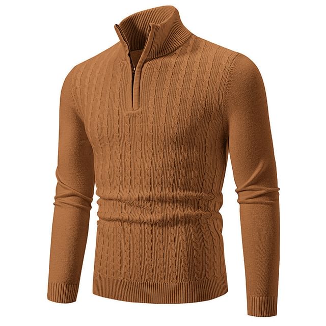 YIKES-Mock Neck Plain Half Zip Cable Knit Sweater