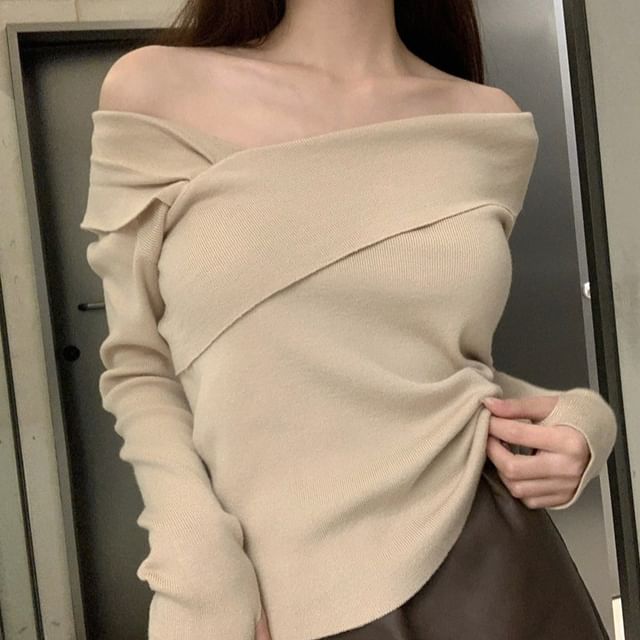 Beem-Off Shoulder Long Sleeve Plain Wrap Ribbed Knit Top