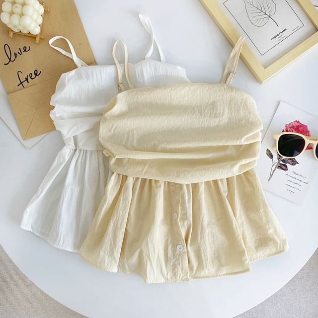 Iasia-Plain Ruched Buttoned Flowy Crop Cami Top