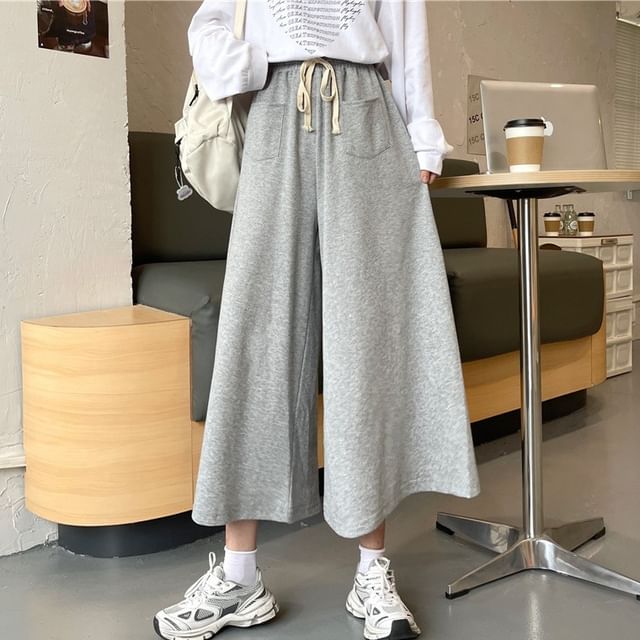 Sisyphi-Drawstring Waist Plain Capri Wide Leg Pants