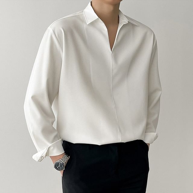 Macho-Long Sleeve V-Neck Plain Oversized Shirt