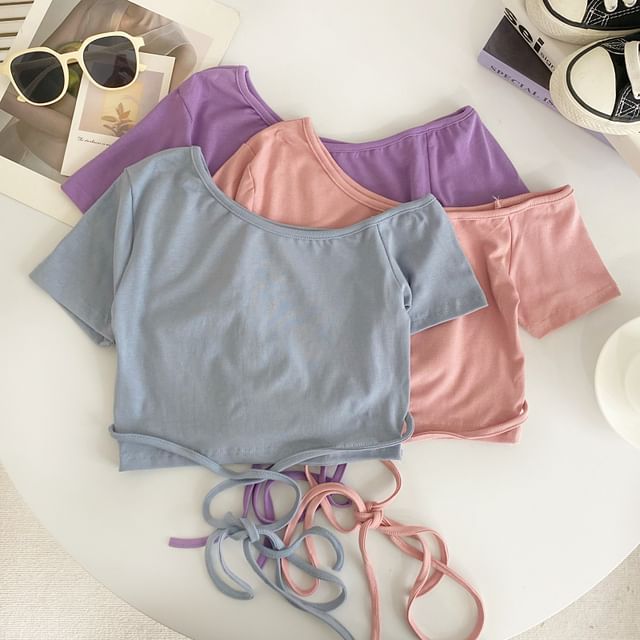 Iasia-Short-Sleeve Off-Shoulder Plain Crop Tee