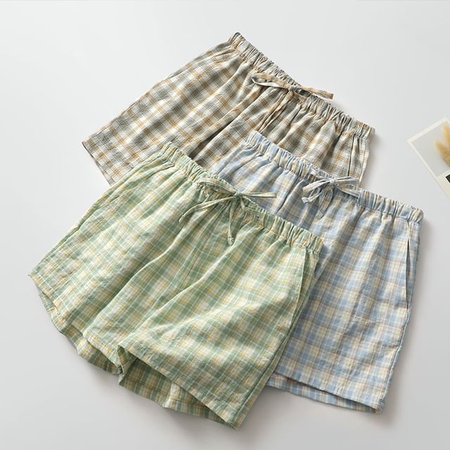 Dazzli-Drawstring Waist Plaid Pajama Shorts