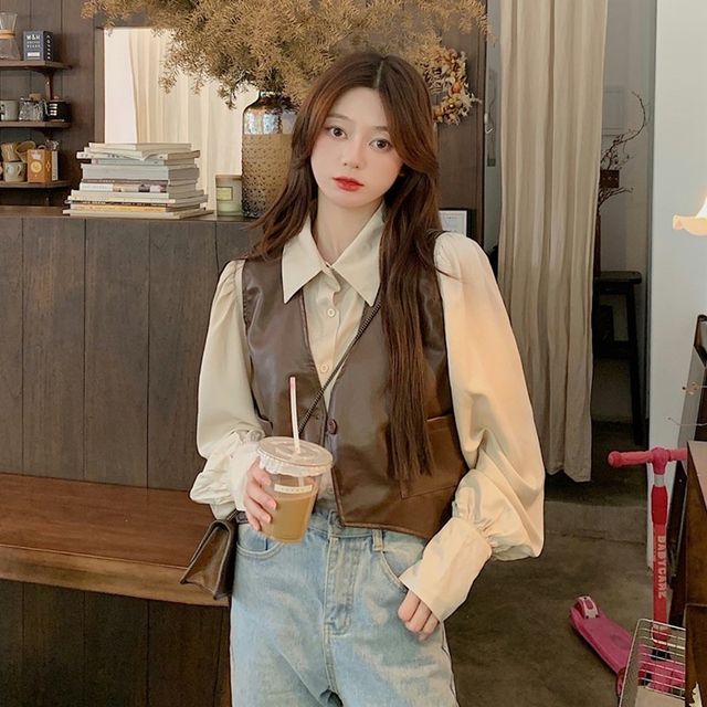 Acunda Puff-Sleeve Shirt Faux Leather Vest YesStyle