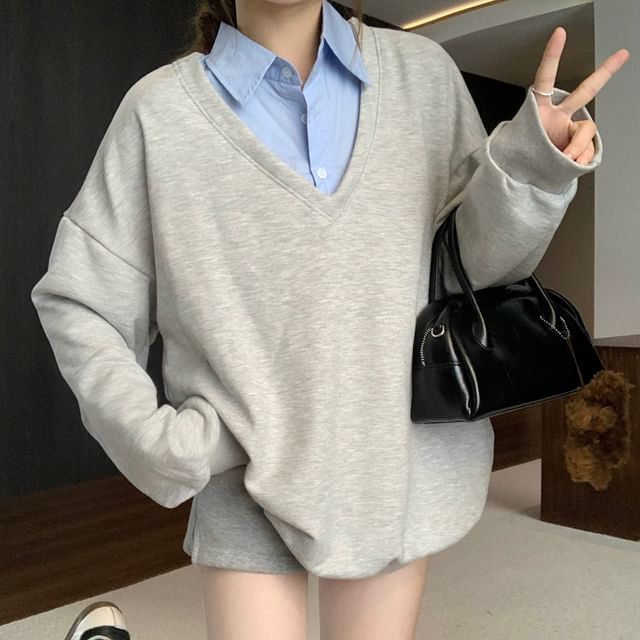 Beem-Collar Two Tone Mock Two-Piece Oversized Pullover