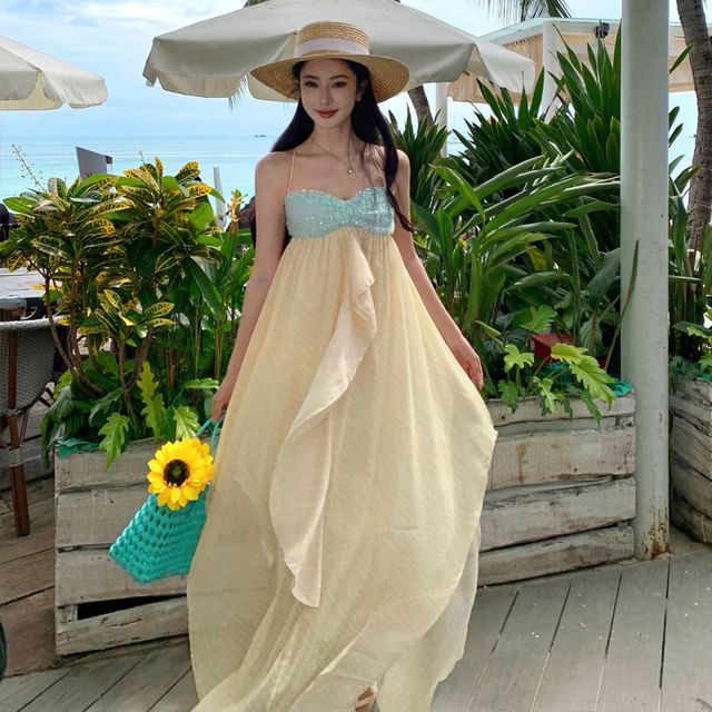 JIYON-Strapless Ruffle Front Plain Maxi A-Line Dress