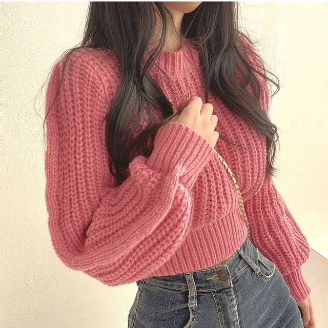 Yako-Long-Sleeve Round Neck Plain Chunky Knit Sweater