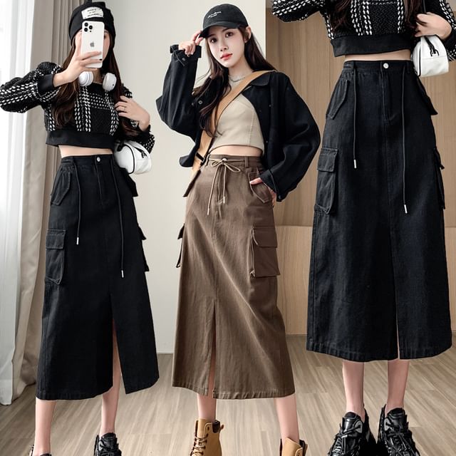 Juuri-High Rise Plain Drawstring Slit Midi Straight Cargo Skirt