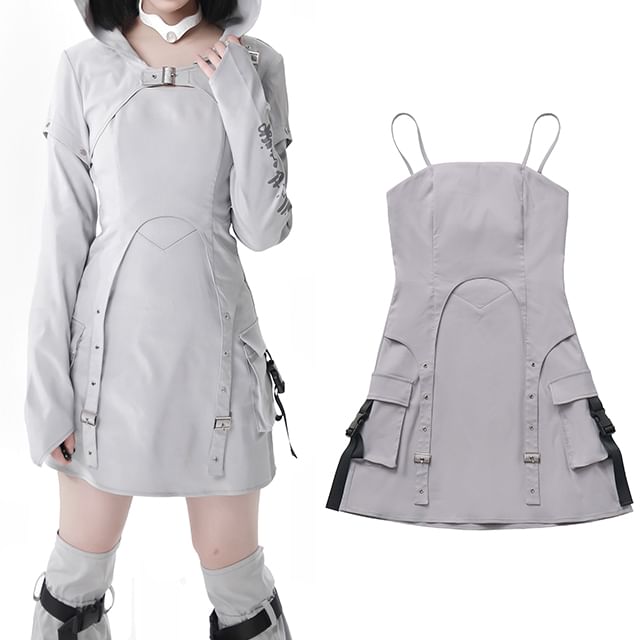 Florimi-Spaghetti Strap Plain Panel Buckled Mini A-Line Cargo Dress