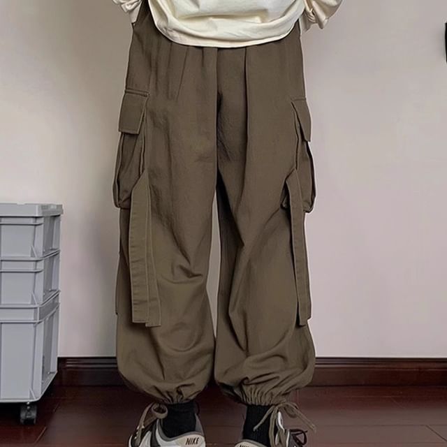 emeisa-Drawstring Waist Plain Straight Leg Cargo Pants