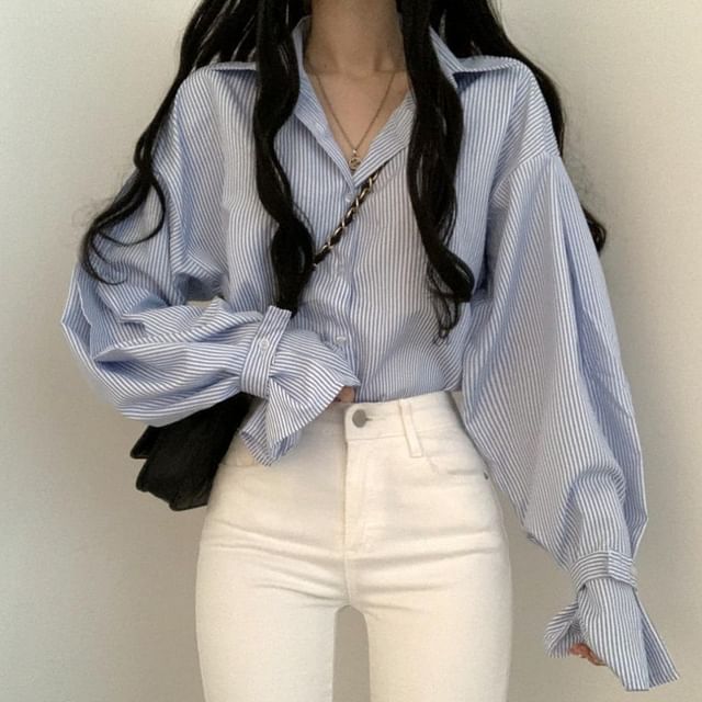 Sisyphi-Collared Striped Button Up Long Sleeve Shirt