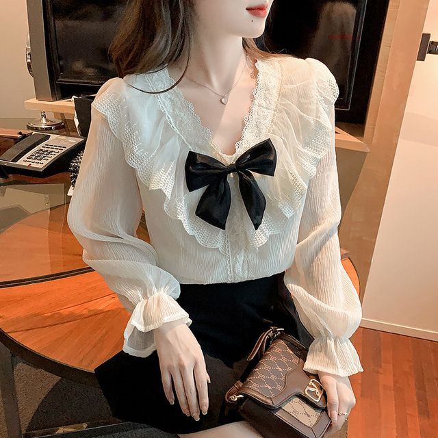 Koolgoon - Long-Sleeve V-Neck Bow Accent Lace Trim Chiffon Blouse