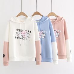 Nycto - Cat Ear Hooded Printed Color Block Sweatshirt