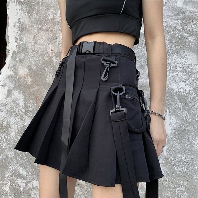 Sisyphi-High Rise Plain Cargo Mini Pleated Skirt