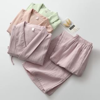 Finlies Pajama Set Long Sleeve Shawl Collar Plain Wrap Top + Elastic Waist