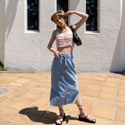 PPGIRL - Slit-Hem Midi Denim Skirt PPGIRL - Slit-Hem Midi Denim Skirt