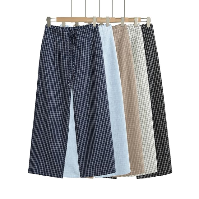 Ulark-Drawstring Waist Plaid Wide Leg Pants