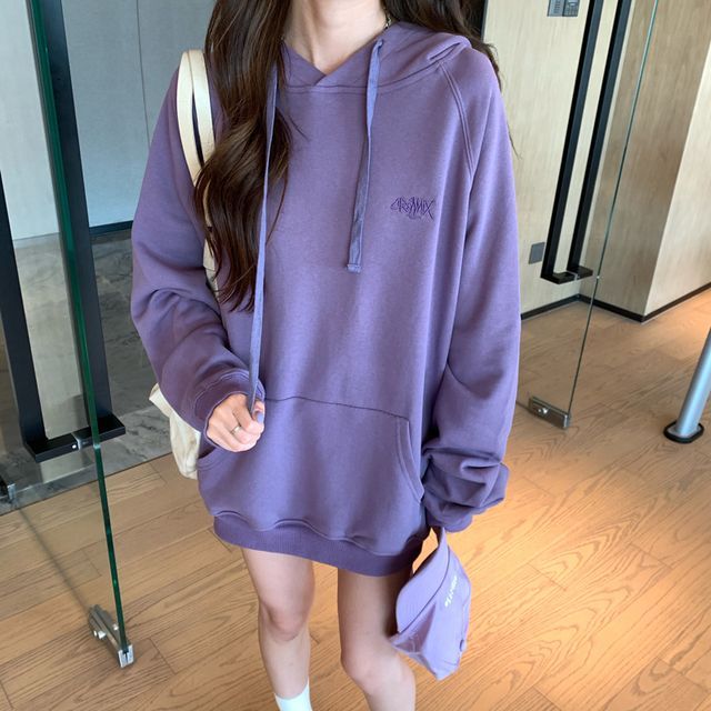 Yako-Plain Lettering Embroidered Long-Sleeve Hoodie