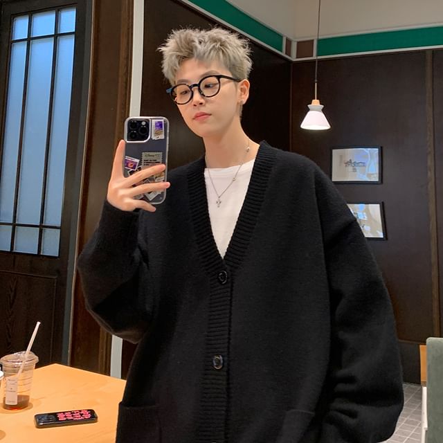 emeisa-V-Neck Plain Cardigan