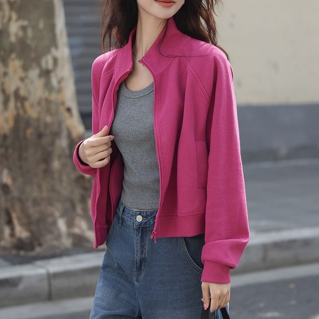Jeonseon-Raglan-Sleeve Stand Collar Plain Zip Jacket