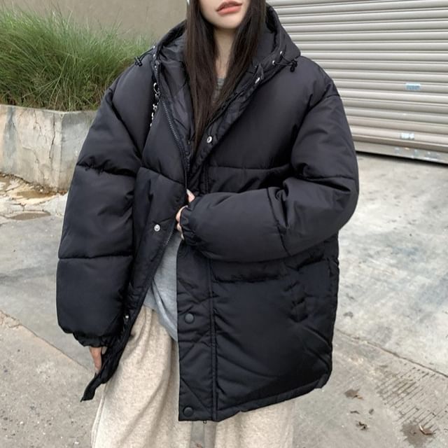 Kenning-Plain Hooded Zip-Up Puffer Jacket