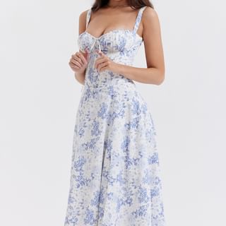 QUINISINI Spaghetti Strap V-Neck Floral Midi A-Line Dress Sale