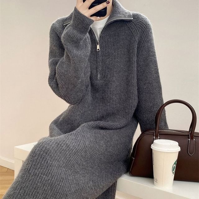 Whychunga-Turtleneck Ribbed Midi Sweater Dress