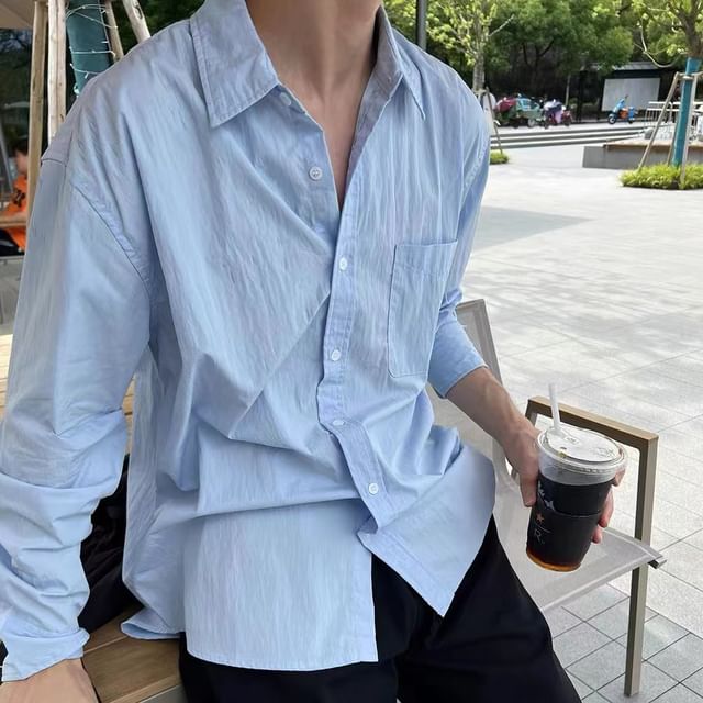 Adothuiastic-Long-Sleeve Plain Pocket Detail Shirt