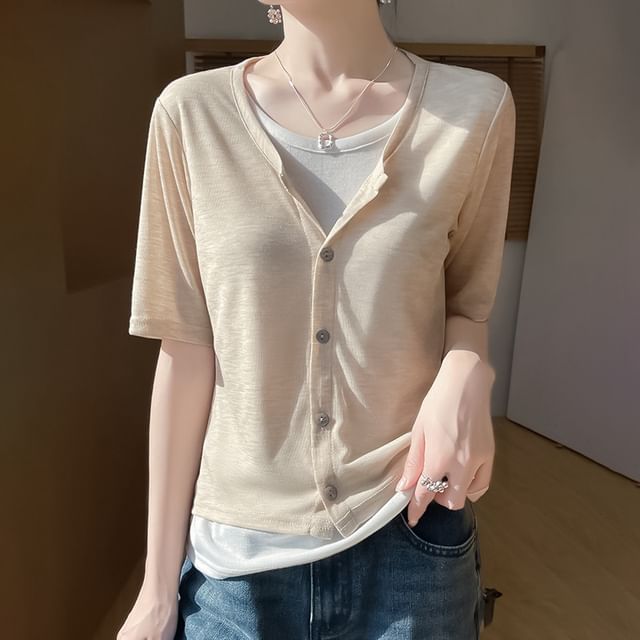 Weelop-Mock Two-Piece Short-Sleeve Button-Up Two Tone Top