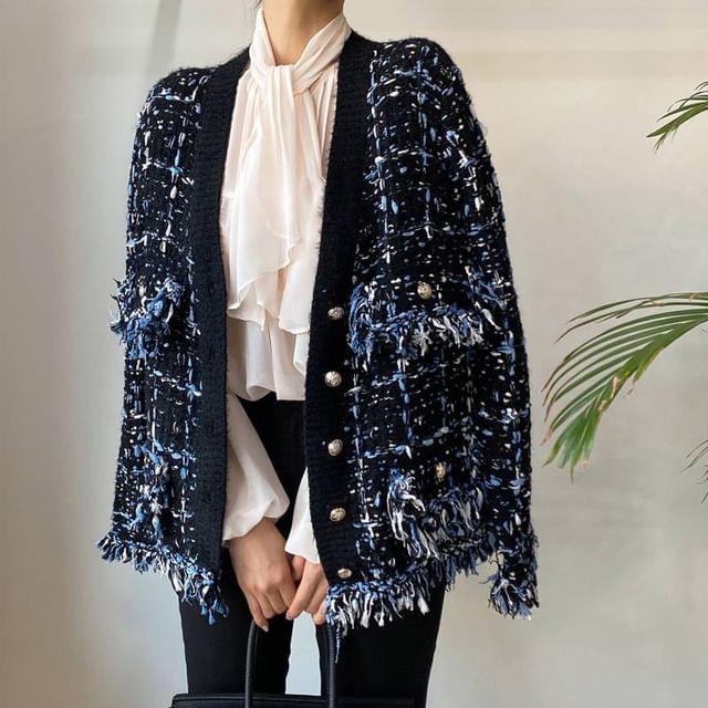 Lewwe-V-Neck Tweed Tasseled Button-Up Cardigan