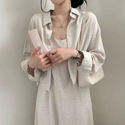 MIKIGA - Set: Plain Linen Slipdress + Long Sleeve Plain Shirt | YesStyle