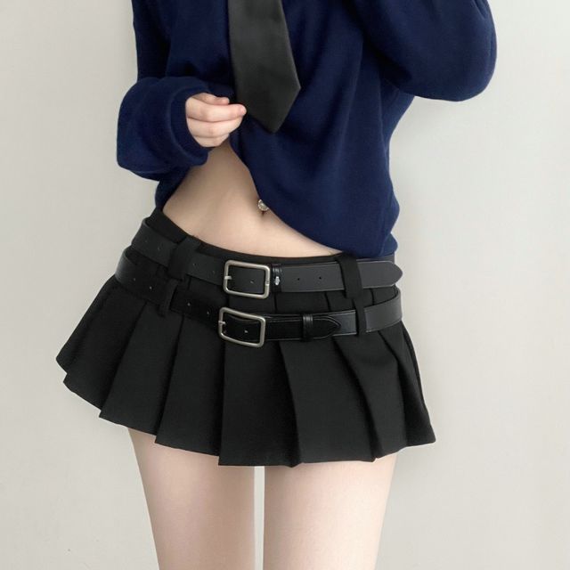 Ulark-High Rise Plain Belted Mini Pleated Skirt