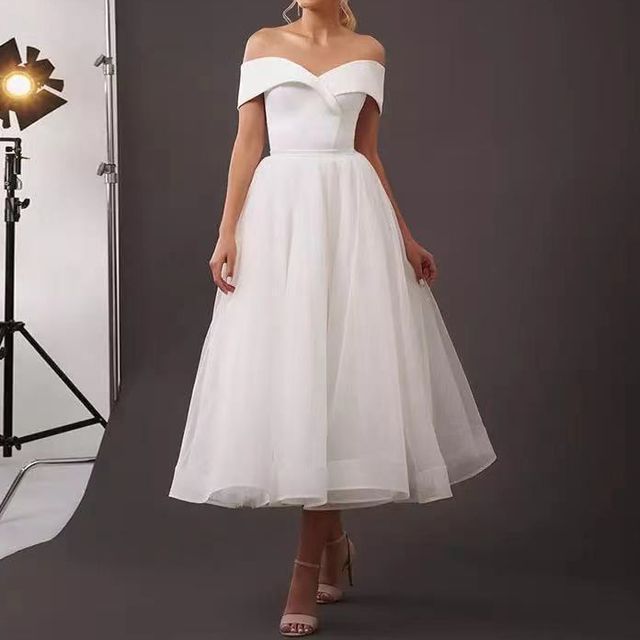 DreesHouse-Off-Shoulder Plain Midi A-Line Wedding Dress
